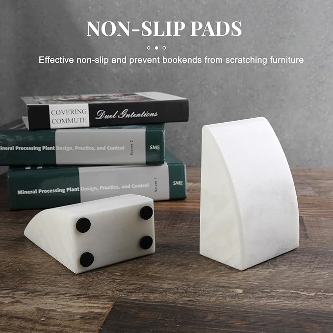 Koville Marble Bookends for Shelves, Large Bookends for Heavy Books, Natural Stone Book Stopper for Books CD Movies, Aesthetic Decorative Book Ends (White)