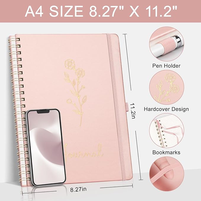 EMSHOI A4 Graph Grid Notebook - 110 Pages 100GSM Grid Paper, Vegan Leather Floral Cover with Spiral Binding for Engineering, Bullet Journaling, School & Work - Includes Ruler, Pockets -Rose Gold