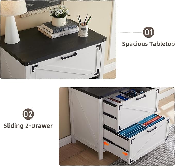 JXQTLINGMU 2 Drawer Farmhouse File Cabinet, Lateral Filing Cabinet with Lock for Home Office, Compatible Legal Letter A4 F4 Size, White