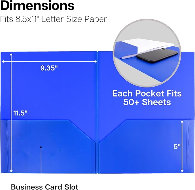 Dunwell Plastic 2-Pocket Folders (6 Pack, Assorted Colors), 8.5x11 Document Folders for School and Office, Heavy Duty Poly, Long Lasting, Includes Labels