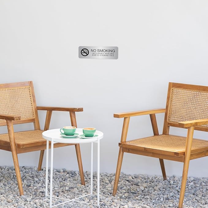 Silver No Smoking Includes Vaping And E-Cigarettes Sign / 3" x 9" Easy Adhesive Indoor Wall Sign/Hotel Restaurant Small Business Alternative Door Mount Notice/Made In The USA