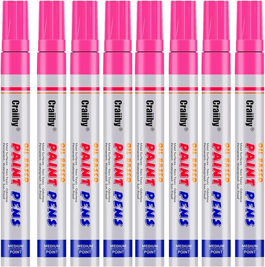 Pink Paint Markers, 8 Pack Oil-Based Waterproof Quick Dry Permanent Paint Pen Set for Rocks Painting, Wood, Fabric, Plastic, Canvas, Glass, Mugs, Metal, Tire, Stone, DIY Craft