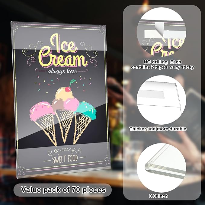 Kigley 70 Packs 8.5 x 11" Wall Mount Acrylic Sign Holder with Tape Clear Acrylic Sign Holder for Paper Poster Menu Door Wall Document for Office Home Store Restaurant No Drilling