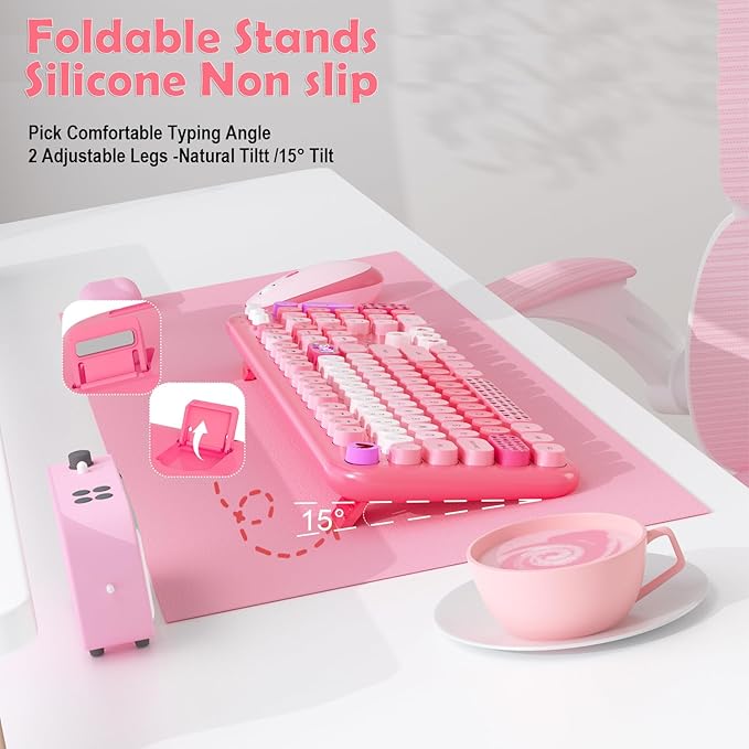 Wireless Keyboard and Mouse,MOFII 104 Round Keys Lovely Full-Size Cute Colorful Keyboard and Mouse with Retro Typewriter for PC/Mac/Laptop/Tablet/Computer/Windows Pink