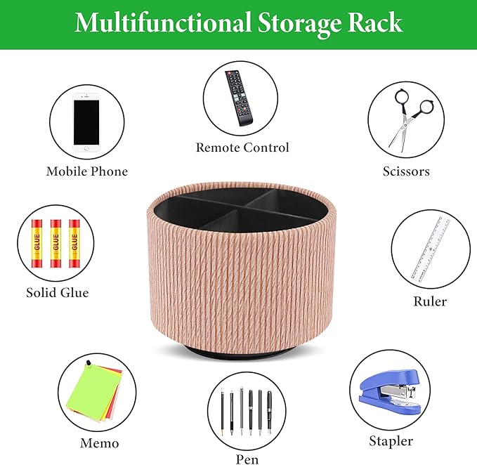 Hennaja Round Leather Art Supply Organizer,Remote Control Holder,360 Degree Spinning,Multi-Functional Pencil Holder,4 Compartments Desktop Stationary Organizer(1-Wood Apricot)