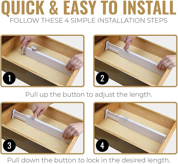 RAPTUROUS 4" Tall Drawer Dividers, 8-Pack, 11-17" Long, Expandable & Adjustable, Strong & Sturdy Non-Slip Dividers for Dresser, Closet, Kitchen, Nursery, and Office (White)