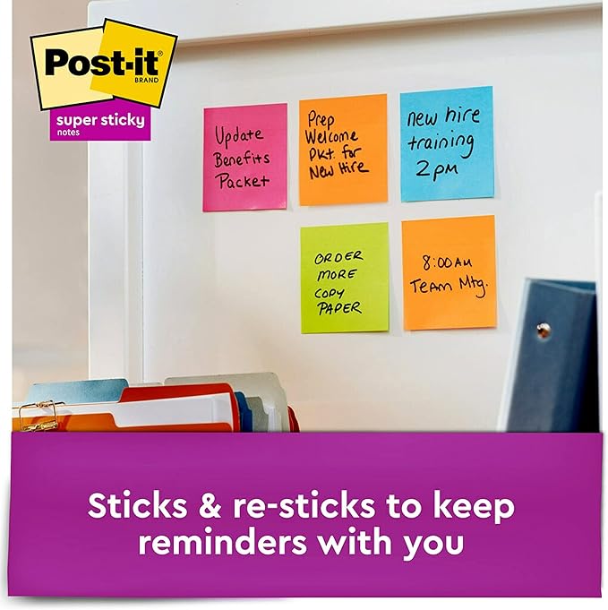 Post-it Super Sticky Notes, Assorted Bright Colors, 3x3 in, 15 Pads/Pack, 45 Sheets/Pad, 2X The Sticking Power, Recyclable, Multi-Color
