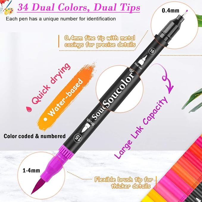 Soucolor Art Brush Markers Pens for Adult Coloring Books, 36 Colors Numbered Dual Tip (Brush and Fine Point) Marker Pen for Kids Note taking Planner Hand Lettering Calligraphy Drawing Journaling
