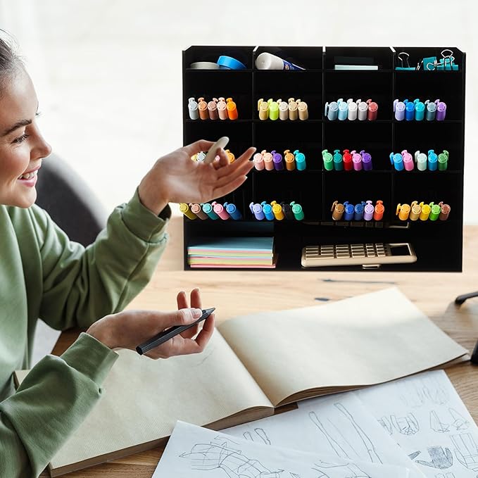 Acrylic Pen Organizer Storage for 200 Markers Vertical Marker Organizer Acrylic Pen Display Holder for Office Desk Desktop Stationery Pencil Storage, Black, 13 x 4 x 10.2 Inch