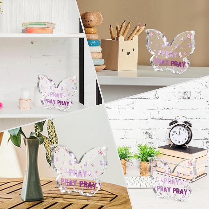 Purple Religious Plaques Christian Woman Decor Gifts, Purple Christian Gifts for Women, Modern Home Office Room Bathroom Bedroom -Pray On It Pray Over It -Bible Verse Acrylic Sign(Butterfly)