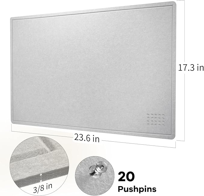 Bulletin Board, 24 x 18 inches Felt Board Decorative Pin Board, Cork Board Alternative for Wall, Foldable Photo Board Self-Adhesive Vision Board Mood Board with 20 Pushpins - Light Gray