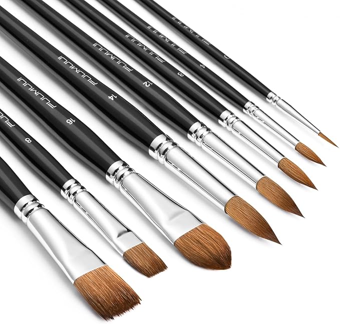 Watercolor Brushes Professional, Fuumuui 8Pcs Sable Paint Brush Set Variety Shapes with Flat, Round Pointed, Cat's Tongue Oval Wash Perfect for Watercolor Acrylic Gouache Inks Painting