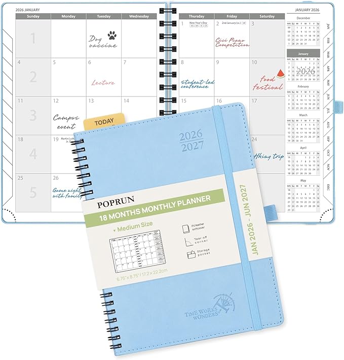 POPRUN Monthly Planner 2026-2027 (Medium 6.5" x 8.5") 18 Months Calendar (Jan 2026 - Jun 2027) - 4 Pages per Month with Expense & Notes, Stair-like tabs, Leather Cover, Sunday Starts - Blue