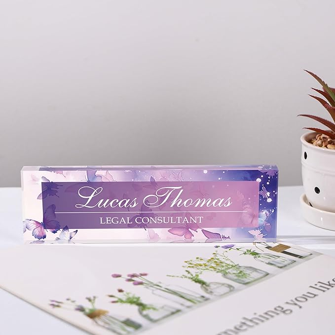 Custom Name Plate for Desk, Personalized Acrylic Office Name Sign with Name & Title, Elegant Desk Decor for Women Men, Employee Appreciation Gift (Purple Butterfly)