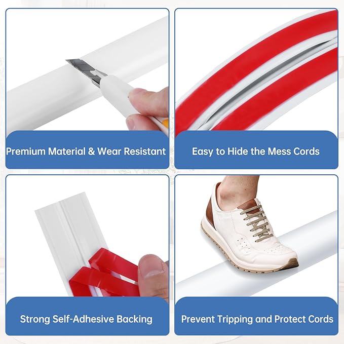 Floor Cord Cover Self Adhesive Cord Hider Floor Extension Cord Covers for Floor Power Cord Protector Cable Management Prevent Cable Trips Cable Cavity 0.59" W x 0.31" H (White, 10Ft)