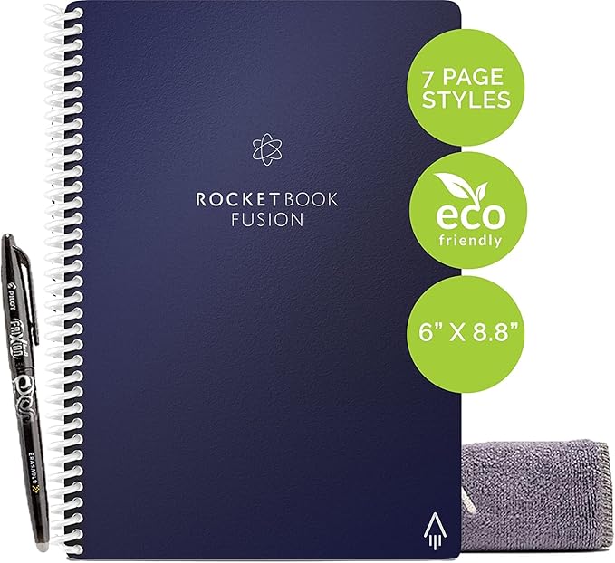 Rocketbook Fusion Reusable Undated Productivity Planner, Executive Size 6x8.8, Navy Blue - Goals, Monthly and Weekly Calendar, Daily To-do List, Lined and Dotted Notes Pages