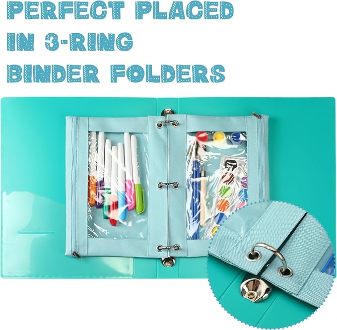 Marspark 30 Packs Pencil Pouch 3 Ring Binder Pen Pouch Cloth Pencil Pouches Zipper Pen Case Bag with Clear Window for School Office Writing Supplies Gifts(Sky Blue)