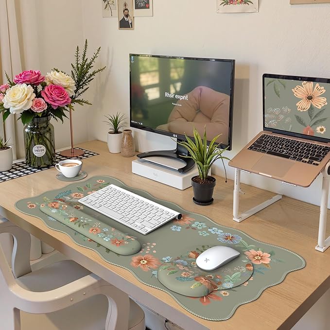 Desk Pad Mat Green, Wrist Rest Support for Mouse Pad&Keyboard Set, Scalloped Vanity mat Protector for Makeup, Cute Floral Nail Mat, Aesthetic Desk Protector for Women's Office Home, Dorm