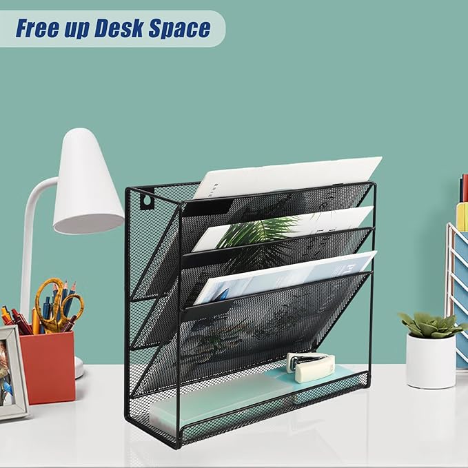 EASEPRES Desk File Organizer Mesh 4-Tier, Hanging Wall Mount Document Organization Stand, Desktop Vertical Mail Paper Folder Holder Rack with Bottom Tray for Office Home Cubicle Countertop, Black