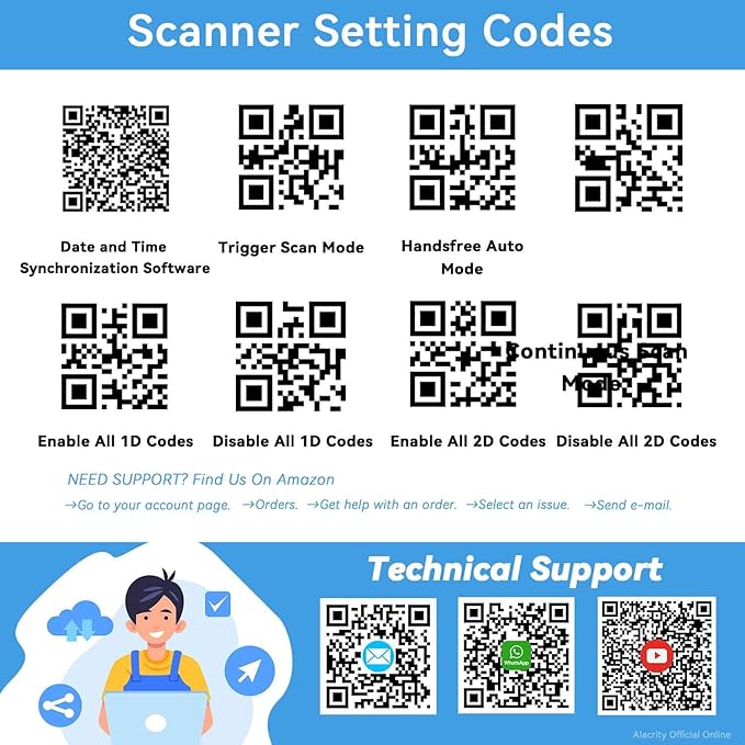 Alacrity Upgraded 2D Industrial Barcode Scanner with Wireless Charging Stand, 1968 Feet Transmission Distance 433Mhz Wireless & Bluetooth 2in1 Barcode Reader, Shock Dust Proof Hands Free, Orange