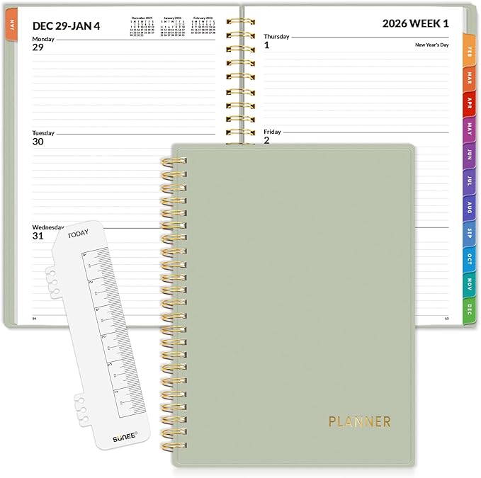 SUNEE 2026 Weekly and Monthly Planner - from January 2026 - December 2026, 6.4" x 8.3" Daily Agenda Planner with Monthly Tab, Flexible Cover, Note Pages, Pockets, Bookmark, Spiral Binding, Greenery