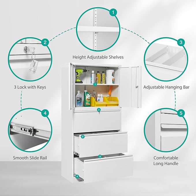 SISESOL 3 Drawer Lateral File Cabinet with Lock,White Filing Storage Cabinet with Doors and Shelves,Locking Metal Storage Cabinets with Drawers for Home,Office,Garage,School,Fit A4/Letter/Legal File