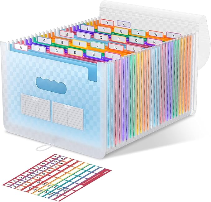 ThinkTex Accordion File Organizer, 26 Pockets Expanding File Folders, Monthly Bill Receipt Documents Organizer, A-Z Colorful Tabs, Letter/A4 Size - Blue