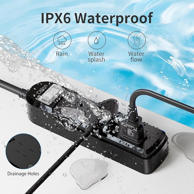 IPX6 Outdoor Power Strip Weatherproof, Waterproof Surge Protector with 3 Wide Outlet 15FT Long Extension Cord, Wall Mountable for Outside Decorations and More UL Listed(Black)