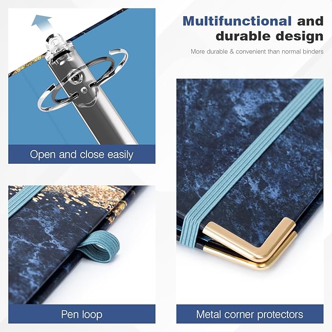 Ospelelf 3 Ring Binder, 2 Inch Letter Size (11" x 8.5") with 5 Tab Dividers, File Folder Labels and Low Profile Clipboards, Blue Marble Binder for School and Office Supplies