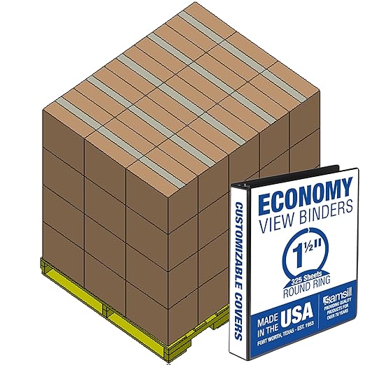Samsill Economy 1.5 Inch 3 Ring Binder Bulk Pallet, Made in The USA, Round Ring Binder, Customizable Clear View Cover, Black, Pallet of 720 Binders in 60 Cartons