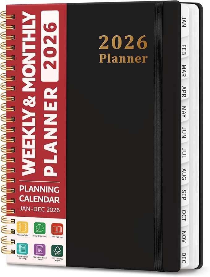 2026 Planner, Weekly and Monthly Calendar Planner, January 2026 - December 2026, Hardcover 2026 Calendar Planner Book with Tabs For Women & Men, Inner Pocket, Spiral Bound, Perfect for Office Home School Supplies - A5 (6.3" x 8.5"), Black