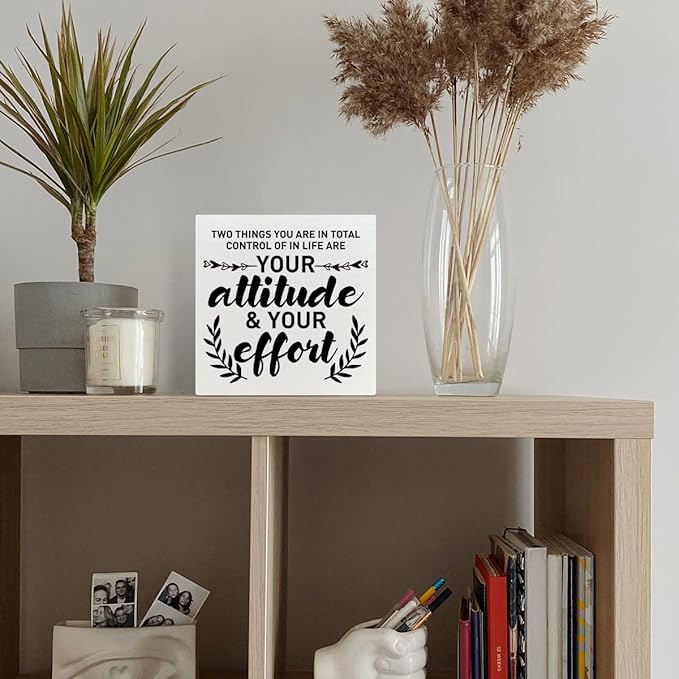 Inspirational Wooden Box Sign, Your Attitude & Your Effort, Motivational Home Office Desk Decor, Encouragement School Classroom Decoration, Positive Gifts for Women Men Coworkers Student