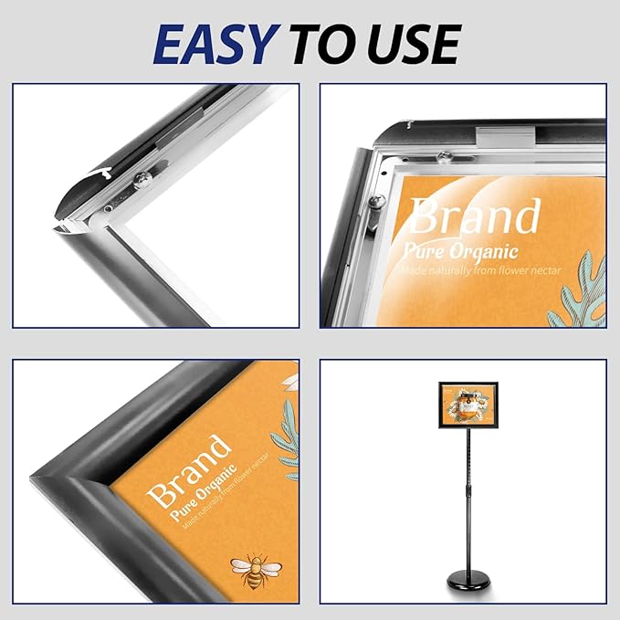 SENZHIYI Adjustable Poster Sign Stand Holder Heavy Duty Snap Open Aluminum Pedestal Floor Standing Sign Holder Vertical and Horizontal View Sign Displayed (Black, 11X17inches)