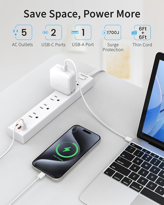 Power Strip Surge Protector, 2 Pack, 6 Ft Ultra Thin Flat Extension Cord, Surge Protector with 5 Outlets & 3 USB Ports (2 USB C), 1700 Joules, 3-Prong, Wall Mount for Home Office Dorm, White