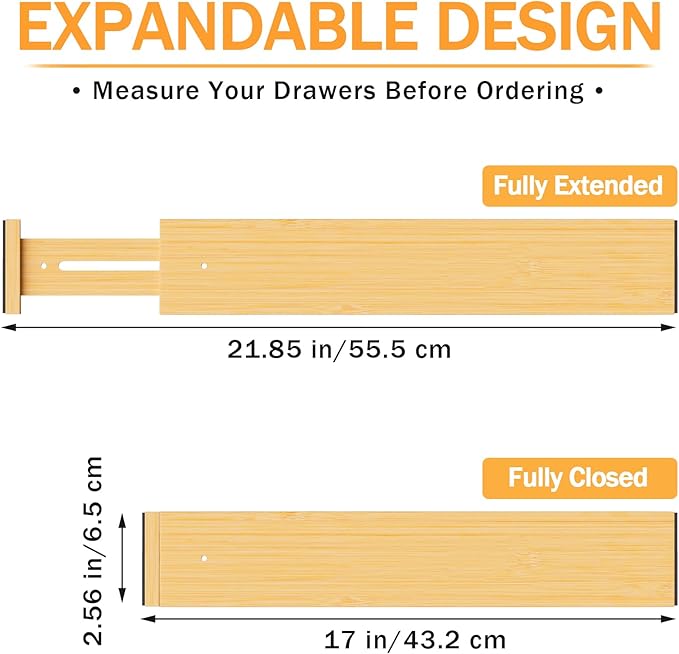 BAMBUROBA Bamboo Drawer Dividers, Adjustable Kitchen Drawer Organizer for Clothes,17-22" Expandable Drawer Organization Separators for Bedroom,Bathroom,Dresser and Office,6-Pack