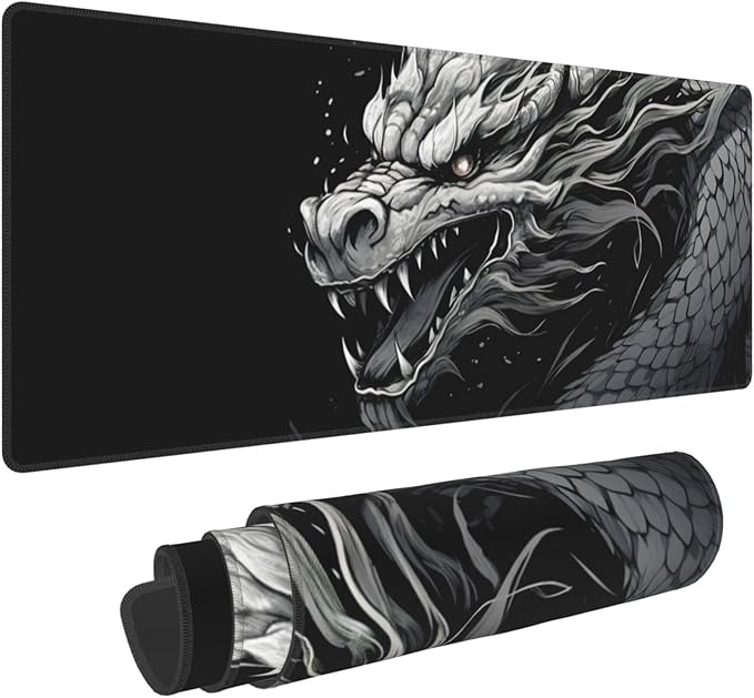 Large Size Eastern Dragon Print Gaming Mouse Pad 31.5 x 12 Inch, Stitched Edges, Anti-Slip Base, Waterproof Surface