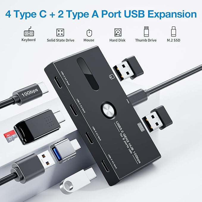 10Gbps USB C Hub, 6 Ports USB C Splitter, Type-C and USB 3.2 to USB C Hub for PC, Laptop, MacBook Pro/Air, iMac, Surface Pro, Chromebook, Etc(HUB ONLY, Not Support Charging/Monitor)