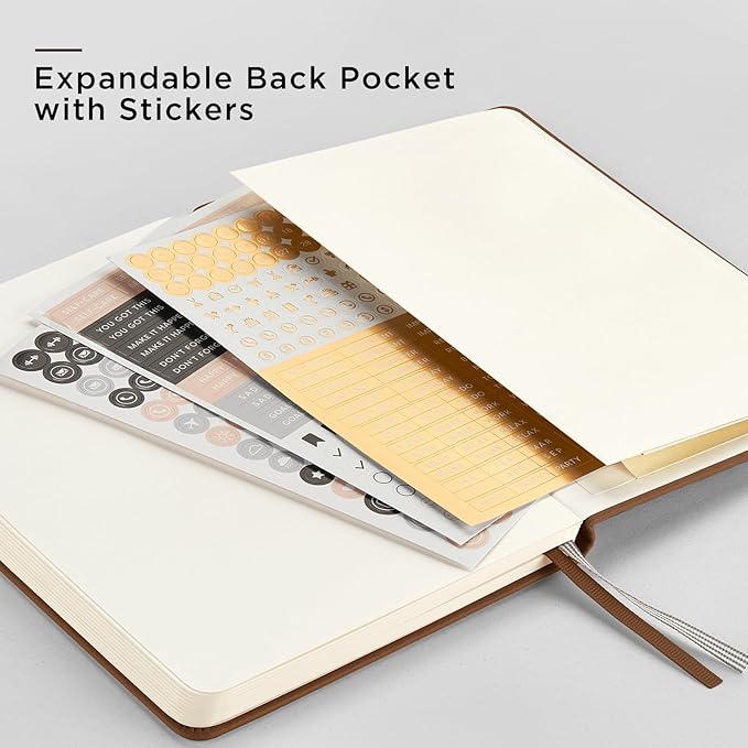 &And Per Se Dotted Journal Notebook, A5 Hardcover Leather Bullet Dotted Journal, 160 Pages 100 gsm Thick Paper, 3 Sheets of Stickers Included- 5.7'' x 8''（Chocolate）