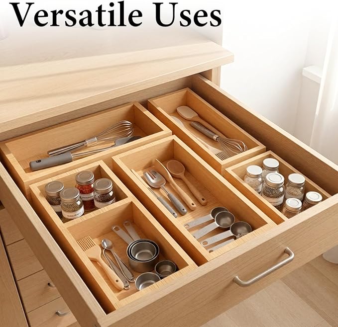 Bamboo Drawer Organizer 5 Pcs for Kitchen Multi-purpose Storage Dividers for Kitchen, Office, Jewelry, Cosmetics, Wooden Drawer Dividers for Drawer Organizer Desk Organizer Gift for Women Gifts Idea