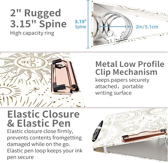 Ospelelf Mini 3 Ring Binder 2 Inch for 5.5" x 8.5" With 5 Tab Dividers, File Folder Labels and Low Profile Clipboards - Cute Tarot Cards Binder for School and Office Supplies