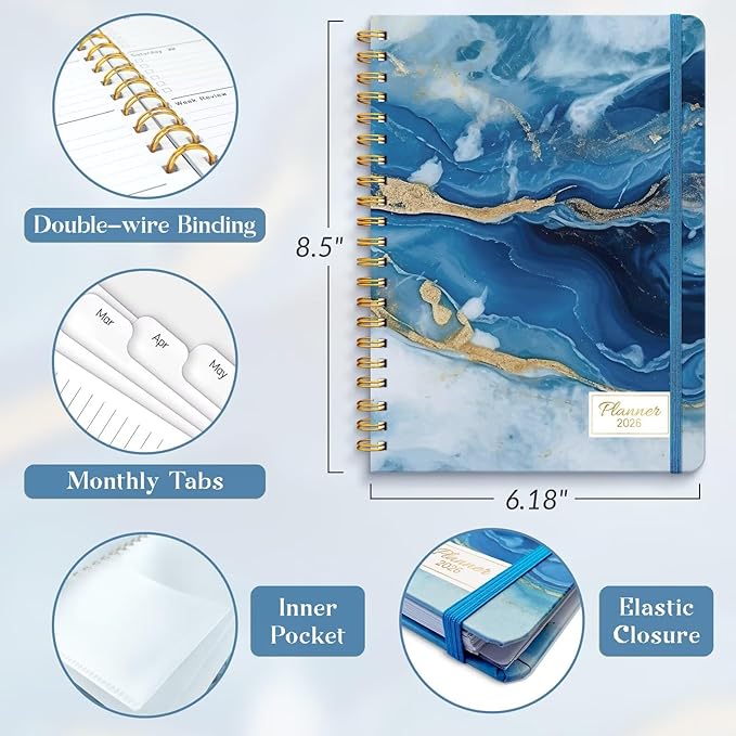 2026 Planner, A5 Weekly and Monthly Planners with Tabs, Spiral Bound Daily Calendar 2026 Planner, Agenda Organizers from Jan. to Dec., Hardcover Habit Tracker Journal 6.18" x 8.5"(Dark Blue)