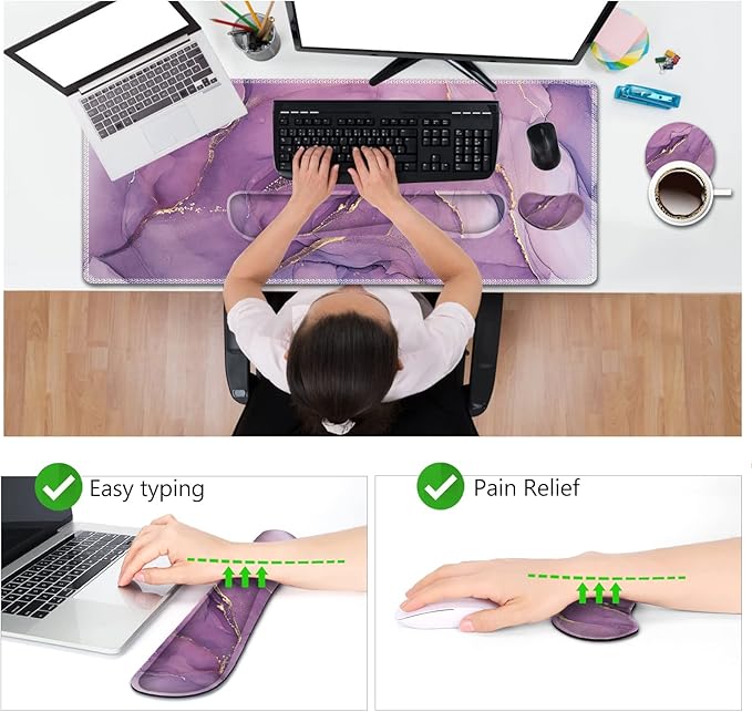 AIMSA Large Gaming Mouse Pad Set, Keyboard Wrist Rest Support Mouse Pad, Ergonomic Memory Foam Multifunctional Extended Desk Mat 35x15.7in Anti-Slip Rubber Base for Office Home, Purple Marble