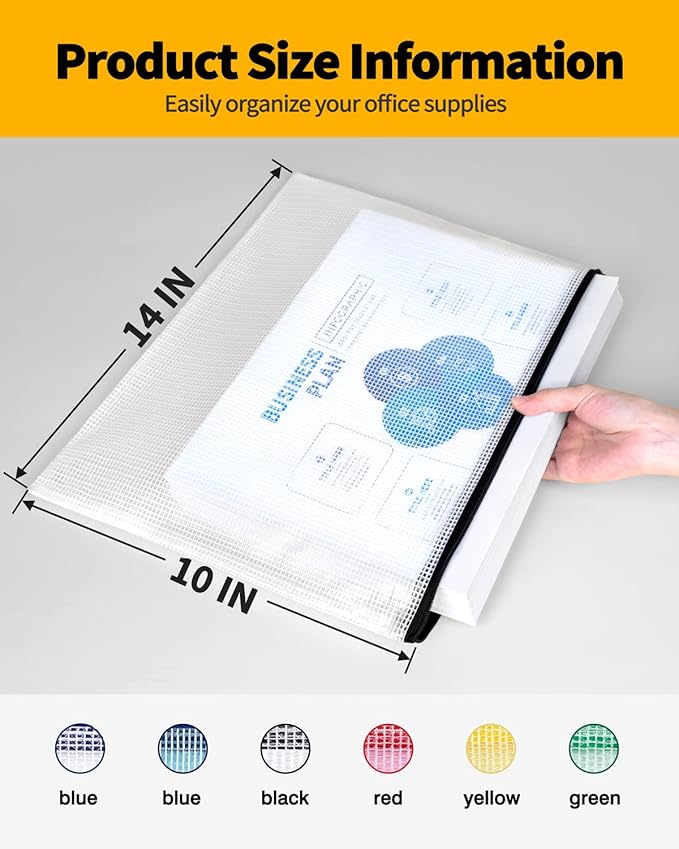 SUNEE Plastic Mesh Zipper Pouch 10x14 in (Black, 18 Packs),Extra Large Water-Resistant Zip Bag for School Office Supplies, Puzzles & Games Organizing Storage