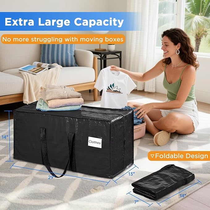 Extra Large Moving Bags Heavy Duty Storage Bags with Zipper Handles, BETU 16 Pack Clothes Storage Totes Bins Packing Moving Boxes, Moving Supplies for College Dorm Essentials, Space Saving, Black