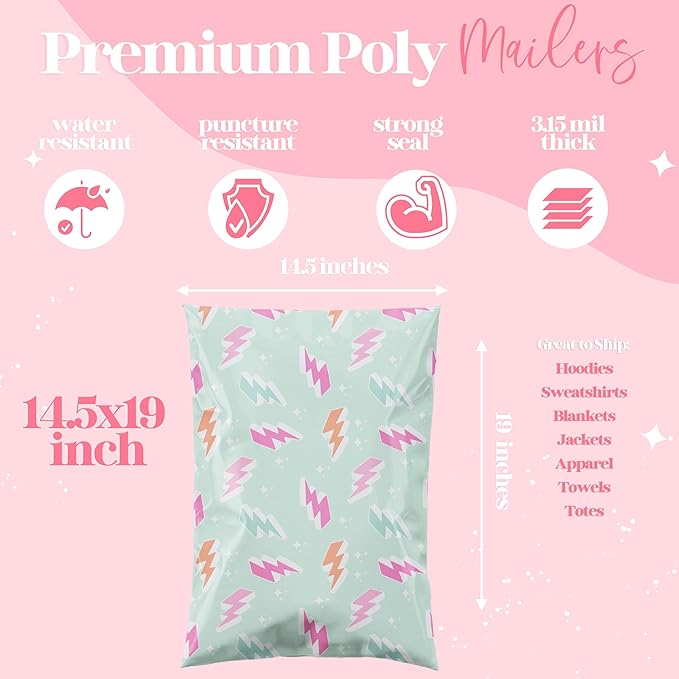 14.5x19 Designer Poly Mailer 100 Pack Heavy Duty Waterproof Self Seal Shipping Bags for Small Business Large Mailing Envelopes Bulk Tear Resistant Cute Packaging Lightning Bolt