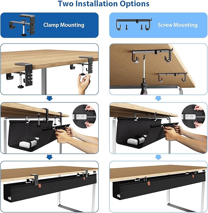 Zilink No Drill Under Desk Cable Management Tray 40" Cord Organizer for Table Clamp/Screw Mount Cable Management Under Desk Waterproof Fabric Cable Management Tray for Office, Home