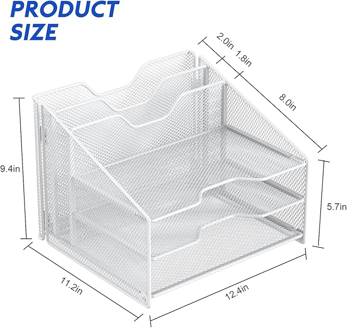 samstar White Desk File Organizer, Mesh Letter File Folder Holder with 3 Paper Trays and 2 Vertical Upright Section, for Office Supplies, Desk Accessories & Workspace, White