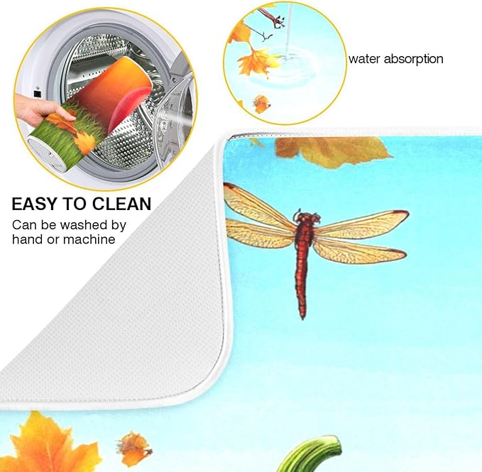 Autumn Thanksgiving Day Pumpkins Maple Dish Drying Mat for Kitchen Counter 16 x 18 Inch Flowers Dragonfly Leaves Dry Dishes Pads Mats Absorbent Countertops Counter Tableware Mat Protector Home Decor