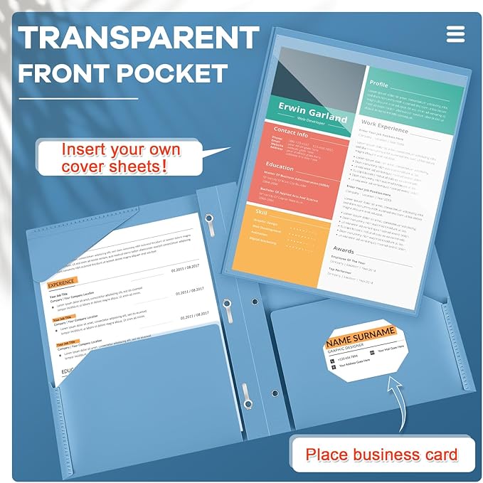 Henoyso 72 Pcs Plastic Folder with Clear Front Pocket and 3 Prong Plastic Folders with Card Slot Pocket Folders with Prongs for School Office (Haze Blue)