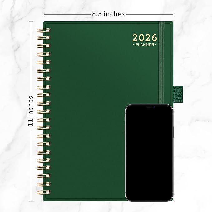 RETTACY 2026 Planner, Weekly and Monthly, Large Size (8.5" x 11"), Jan - Dec 2026, Agenda, Calendar, 12 Month Tabs, Flexible Plastic Cover, 100 GSM Thick Paper, Spiral-bound (Dark Green)